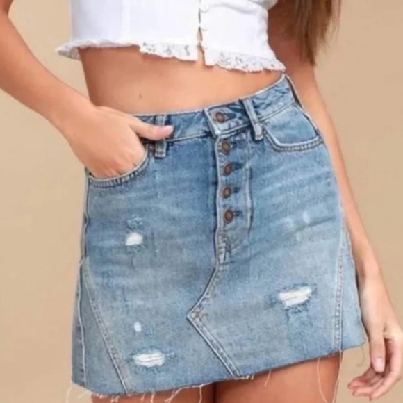 Free People Breezy Jean Distressed Button Front Denim Mini Skirt - Picture 1 of 9